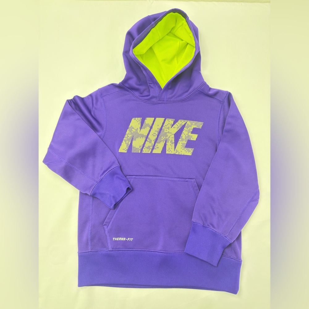 Nike Therma-FIT Boys XS Pullover Hoodie Purple Volt Lined Hood Yellow Logo